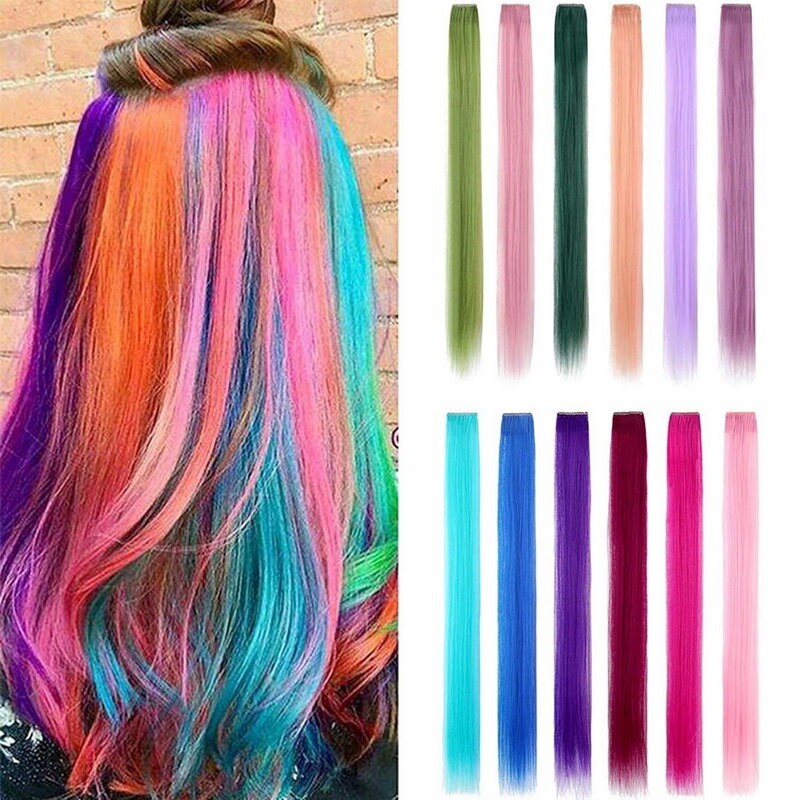 50cm Colored Highlight Synthetic Hair Extensions Rainbow Long Straight Hairpieces For Women Girls 1 Clip In Hair Extension Wigs