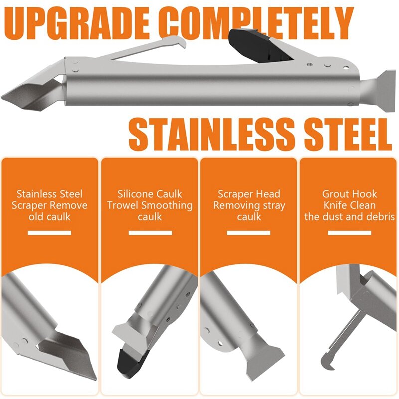 Atualizado aço inoxidável calafetagem ferramentas, 4 em 1 selante acabamento ferramenta 5 silicone rodo, ferramenta de remoção de rejunte fácil instalar