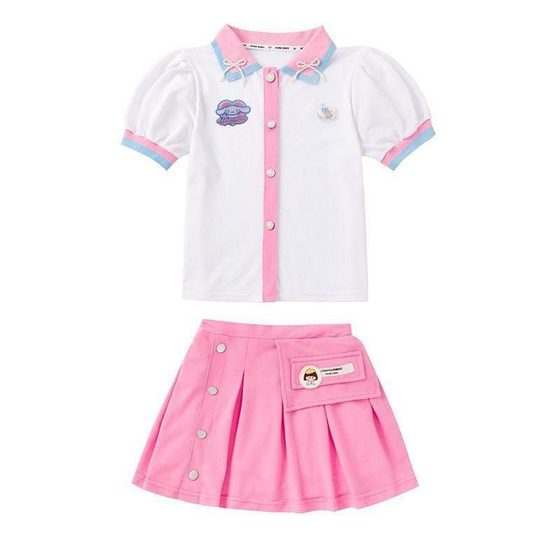 Anime Sanrios Kids Dress My Melody Girl Short-Sleeved Pleated Skirt Two-Piece Set Preppy Style Sweet Princess Skirt Kids Clothes