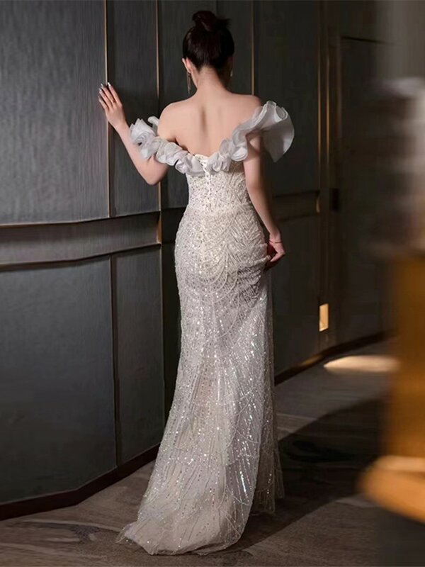 off-Shoulder Light Wedding Dress Fishtail Luxury Minority Veil Slim-Fit Slimming Bridal Toast Heavy Work
