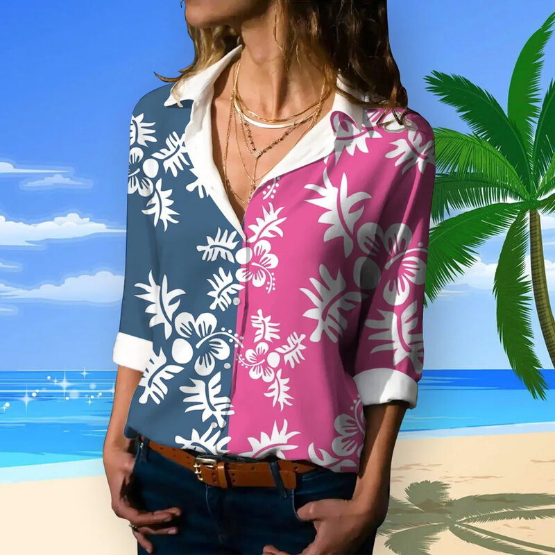 Camisa de botão havaiano de manga comprida feminina, estilo retrô, primavera, outono, elegante senhoras do escritório, impressão 3D, novo estilo, 2024