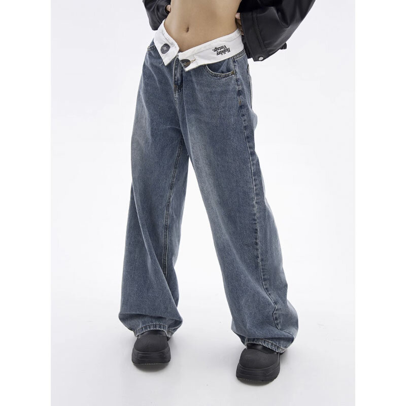 W koreańskim stylu uliczna modne jeansy z klapką w talii niebieskie jesienne sensowne spodnie jesienne w stylu Vintage wysokiej jakości eleganckie damskie spodnie jeansowe