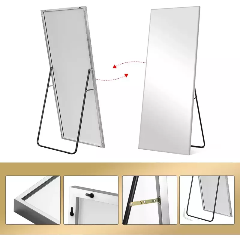 Espejo de suelo con marco de aleación de aluminio, espejo de cuerpo completo con soporte para dormitorio, espejos de pared para habitación, color plata, envío gratis, 64 "X 21"