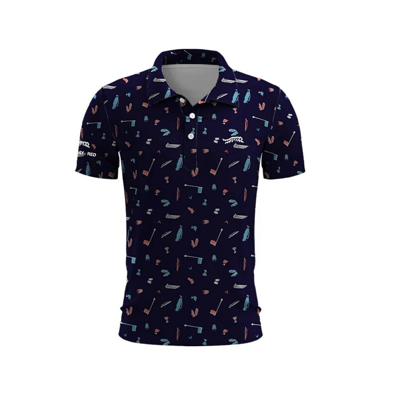 Clube de golfe masculino de secagem rápida camisa polo, Tiger Woods Sun Day, top padrão aleatório, verão