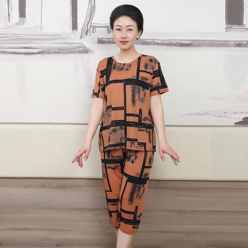 Women Pajama Top Women Two Piece Summer Suit Ethnic Style Women's T-shirt Pants Set with Printed Top Cropped Trousers for Casual