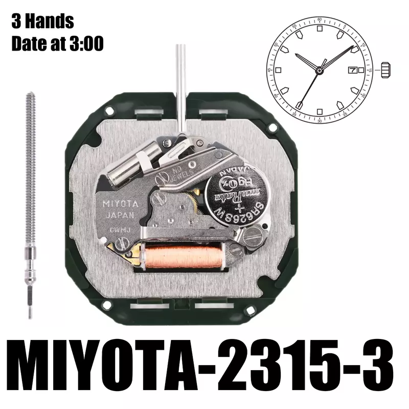 Movimento Miyota 2315, tamanho 11, 1, 2 '', altura 4,15mm, precisão ± 20 seg por mês, data de 3 mãos em 3A, tamanho 11