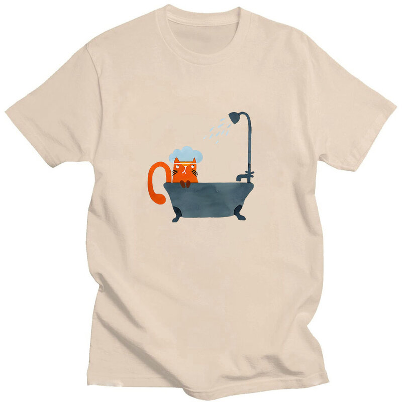 Cat Shower T-shirt Krótki rękaw Śliczna 100% bawełna Wysokiej jakości koszulka Anime Print Cartoon Tshirt Roupas Femininas Kawaii Tees