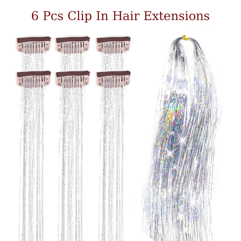 Hair Tinsel confezione da 6 pezzi Clip In Hair Tinsel 20 pollici Colorful Glitter Tinsel Hair Extensions Festival Gift Tinsel Fairy Hairpiece