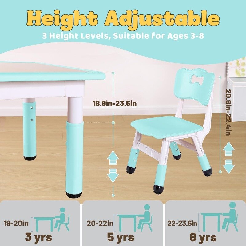 키즈 테이블 및 의자 2 개 세트, 높이 조절 가능 유아 테이블 및 의자 세트, 3-8 세, 손쉬운 닦기 예술 및 공예 테이블