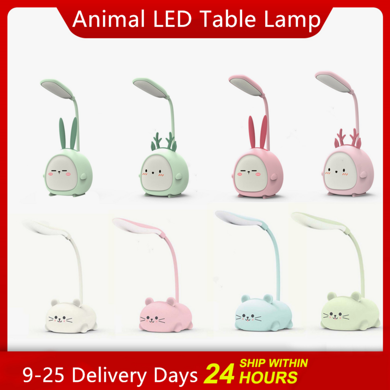 Lámpara de mesa de lectura con dibujos animados para niños, luz LED de noche con recarga USB, protección ocular, gato, conejo, ciervo