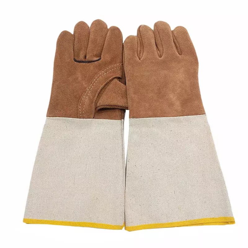 Welding Gloves Leather Long Wear-resistant Welding Welder Protective Gloves Canvas Sleeve Fur Gloves Color Random