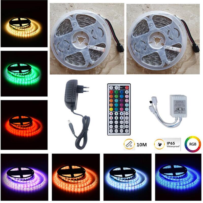YOUZI-impermeável LED Strip Lights com controle remoto, RGB, adaptador, 44 chaves, 10m