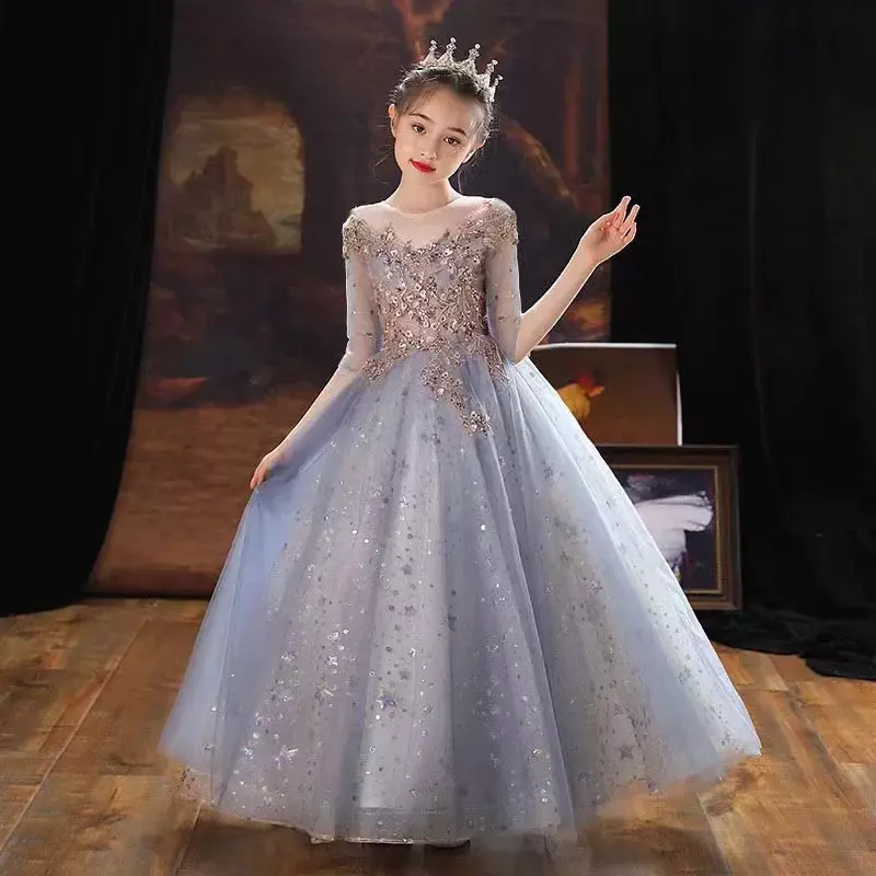 Gaun anak-anak musim semi baru 2024 gaun performa Piano anak perempuan gaun malam Host kecil benang berbulu Barat