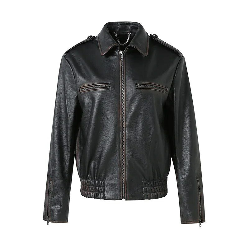 New 2023 Genuine Leather Fashion Moto Jacket Real Cow Leather Coat Lady Biker Bomber Jacket TF5521