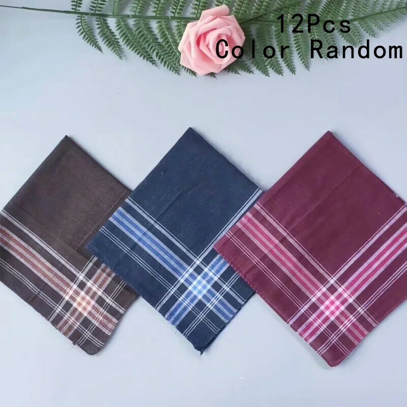 12pcs Square Plaid Stripe Handkerchiefs Men Classic Vintage Pocket Pocket Cotton Towel For Wedding Party 37*37cm Random