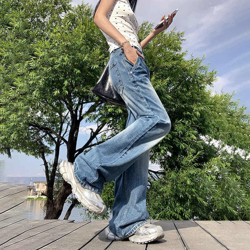 Denim Planet Micro Jeans per donna estate 2024 nuovo stile mop svasato a vita bassa Slim Fit drappo ragazza piccante