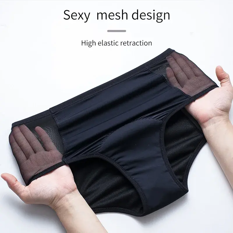 Celana dalam wanita ukuran Plus, celana dalam wanita fisiologis empat lapis pinggang tinggi berongga seksi anti bocor aliran melimpah