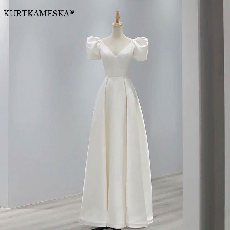 女性のための白いサテンのウェディングドレス,花嫁のためのセクシーなVネックのロングドレス,フォーマルなイブニングドレス,夏,2023