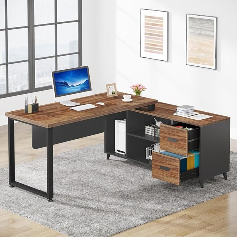 Tribesigns L Shaped Desk with 2 Drawers, 55 Inch Executive Office Desk with Cabinet Storage Shelves, Business Furniture L Shaped