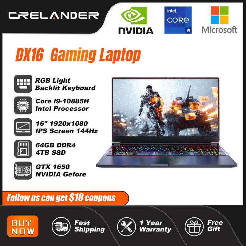 Игровой ноутбук CRELANDER, 16,1 дюйма, Intel Core i9 10-го поколения, графическая карта Nvidia GTX 1650, IPS экран, 144 Гц, Игровые ноутбуки, ноутбук