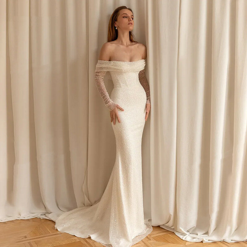 Vestido de noiva sereia de luxo, branco, frisado, fora do ombro, sexy, sem encosto, manga longa, sem alças, trem destacável