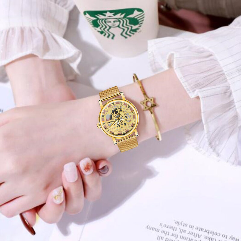 New Fashion Top Women Hollow Skeleton Faux Mechanical Watch Ladies Metal Mesh Quartz Wrist Watches For Female Relogio Feminino
