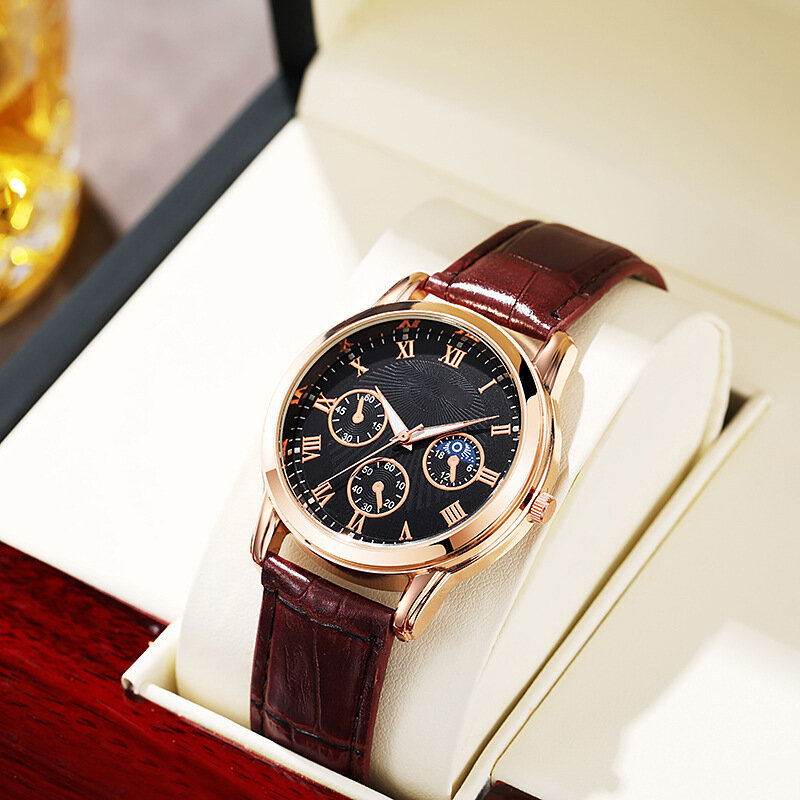 Роскошные мужские кварцевые часы с кожаным ремешком, модные многофункциональные деловые наручные часы с тремя глазами, Спортивные кварцевые наручные часы