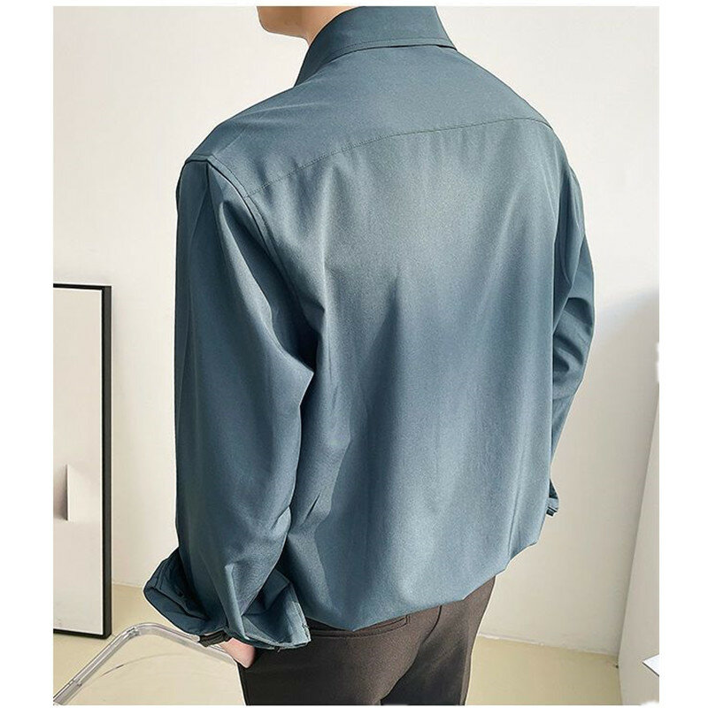 Camisa de manga comprida estilo coreano masculina, sólida, solta, de botão duplo, com tops de homens bonito, tendência, B0010