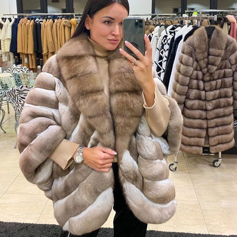 Vera pelliccia di coniglio Rex pelliccia di cincillà collo di pelliccia di volpe naturale giacca invernale più venduta donna cappotti di vera pelliccia
