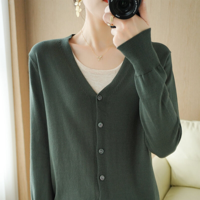 Cardigan tricoté en pur coton pour femme, veste polyvalente, châle fin, manches longues, populaire au printemps et en automne, nouveau, 100%