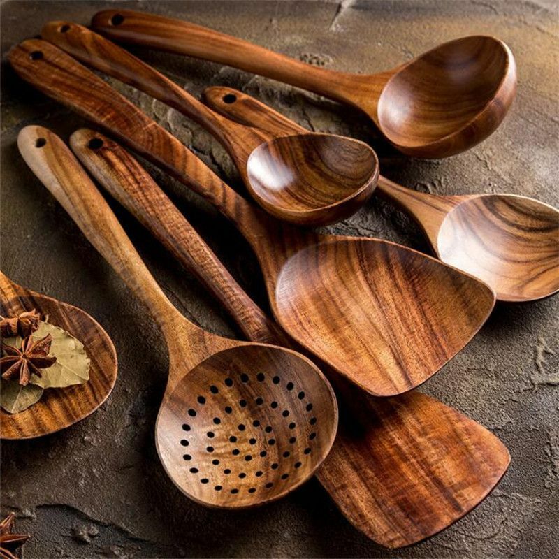 Cuchara de cocina de teca tailandesa, herramienta de vajilla de cocina de madera Natural, cucharón volteador, colador de arroz, Espumador de sopa, utensilios de cuchara, 7 piezas