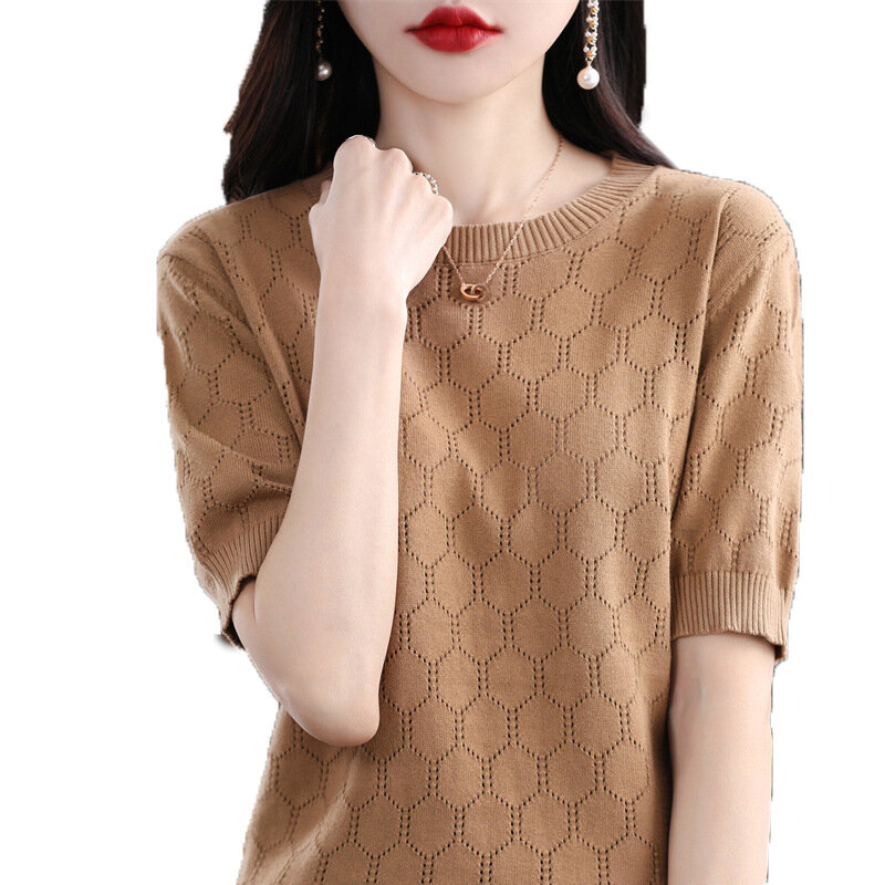 T-shirt en tricot de fil de coton pour femmes, vêtements d'extérieur respirants, haut court évidé, grande taille, 100% coton, nouveau, été