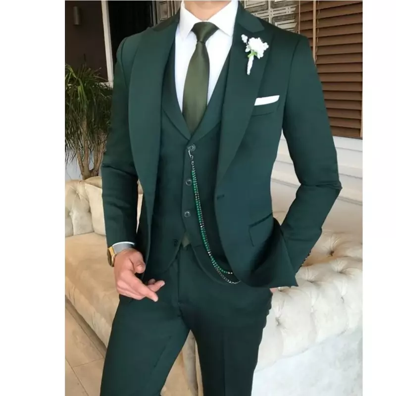 Dark Green Men's Suits 3 Pieces Set Slim Fit Business Groom Peaked Lapel Tuxedos For Formal Wedding Suit (Blazer+Vest+Pants)