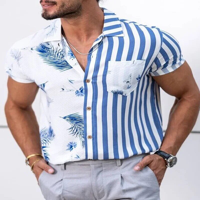 Мужская рубашка с цветочным принтом, Повседневная рубашка в полоску, уличная одежда, кардиган с карманами и длинными рукавами, Классическая рубашка, весна 2022