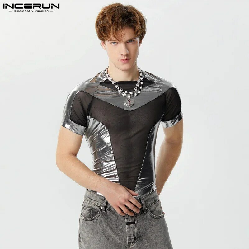 INCERUN-body de malla para hombre, ropa de calle de manga corta con cuello redondo, transparente, brillante, a la moda, S-3XL, 2024