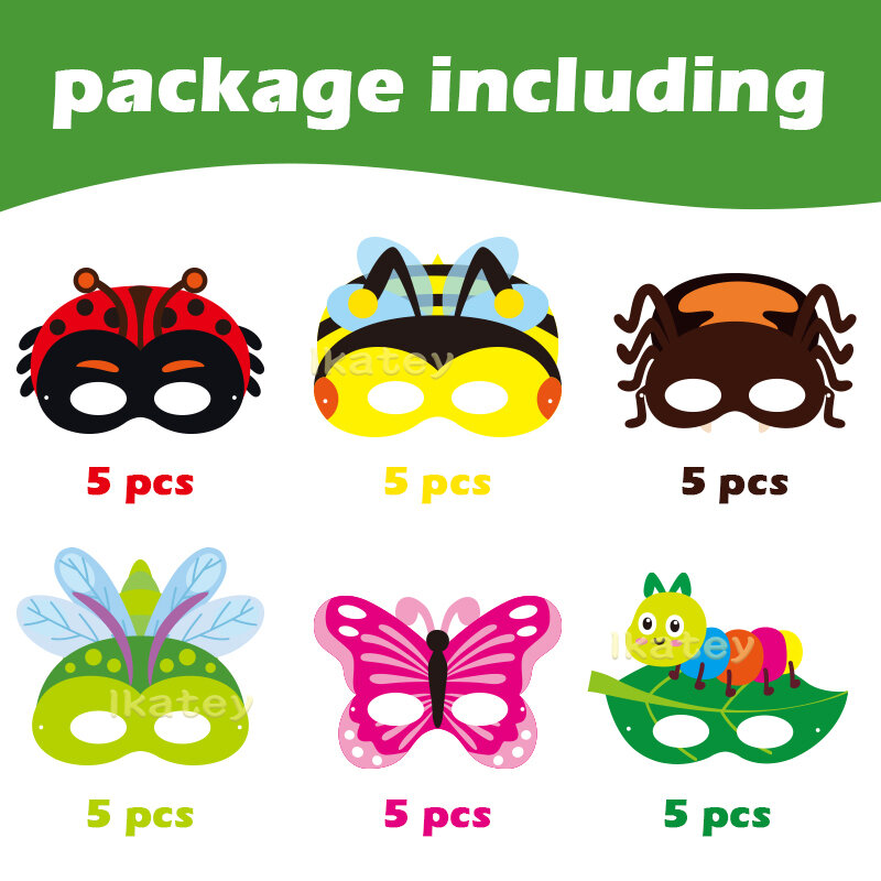 子供のための昆虫のバグ、紙の伸縮性のあるマスク、バタフライビーてんとう虫の衣装、ドレスアップパーティー用品、フォトブースの小道具キット、30個、夏