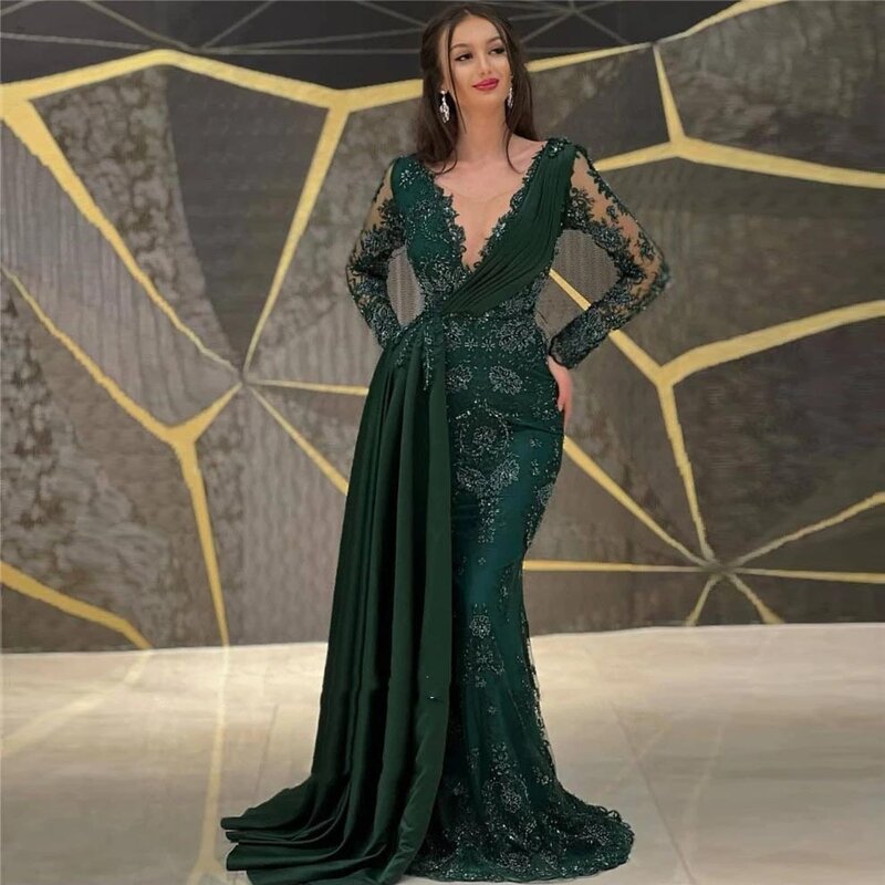 Vestido de noite frisado de renda para mulheres, sereia, manga longa, pescoço puro, vestido de baile formal, verde esmeralda, 2023