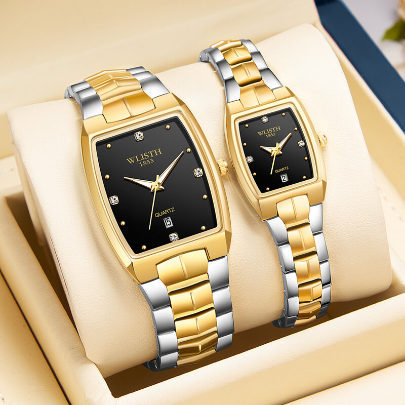 Jam tangan pasangan mewah persegi panjang jam tangan kuarsa pasangan baja tahan karat Fashion emas jam tangan pria wanita jam tangan Analog tanggal