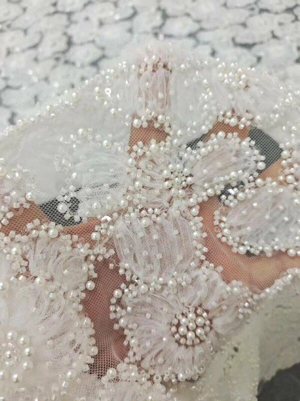 2024 Newest Bridal Dress Fabric 130cm Width Sequins Lace Fabric Organza Dress Embroidery Lace Selling By Yard