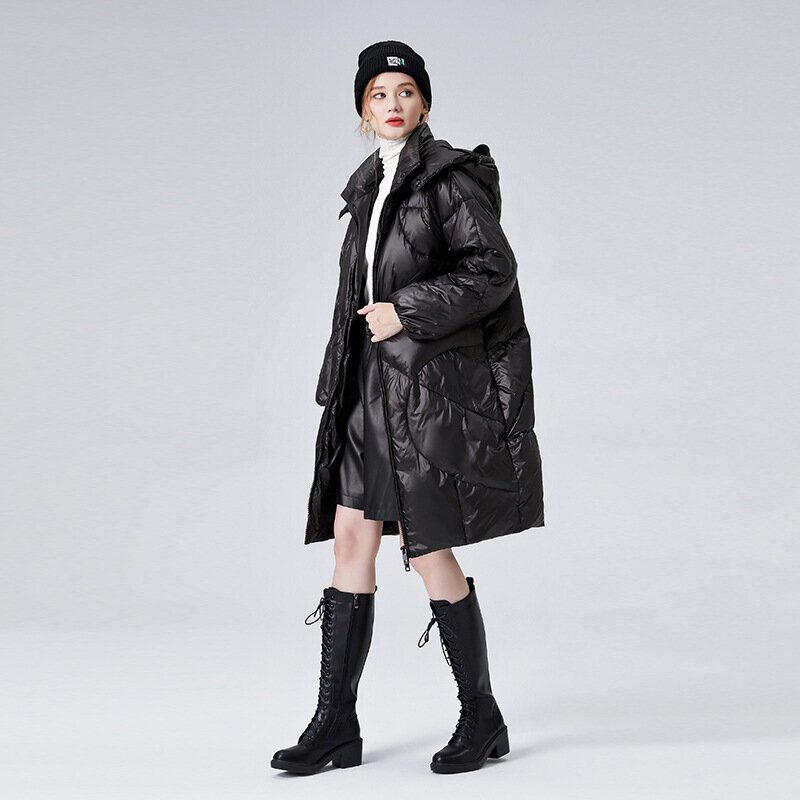 女性用ホワイトダックダウンジャケット,ルーズフード付きトップス,ミディアム丈、光沢のある表面、厚手の黒、秋冬