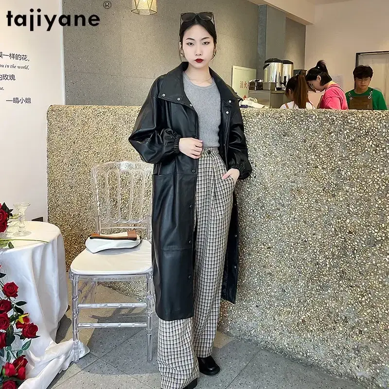 Tajiyane 2023 Frühling Herbst Echtem Leder Jacke Frauen Echt Schaffell Graben Mantel für Frauen Lange Leder Jacken Windjacke