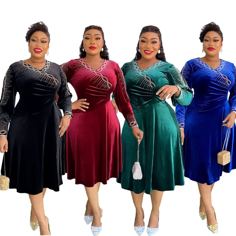 Elegant African Blue V-neck Dresses for Women Plus Size Turkey Wedding Party Long Dress Dashiki Ankara Velvet Outfits Robe 2024