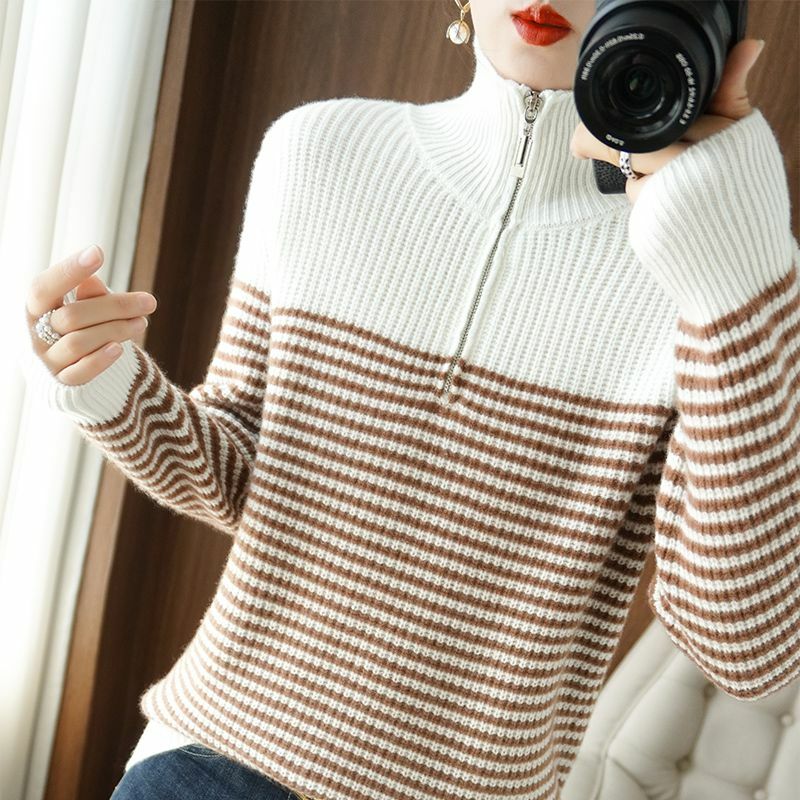 Suéteres de punto de manga larga con media cremallera y cuello vuelto, suéteres rectos gruesos a rayas, moda coreana, nuevo estilo