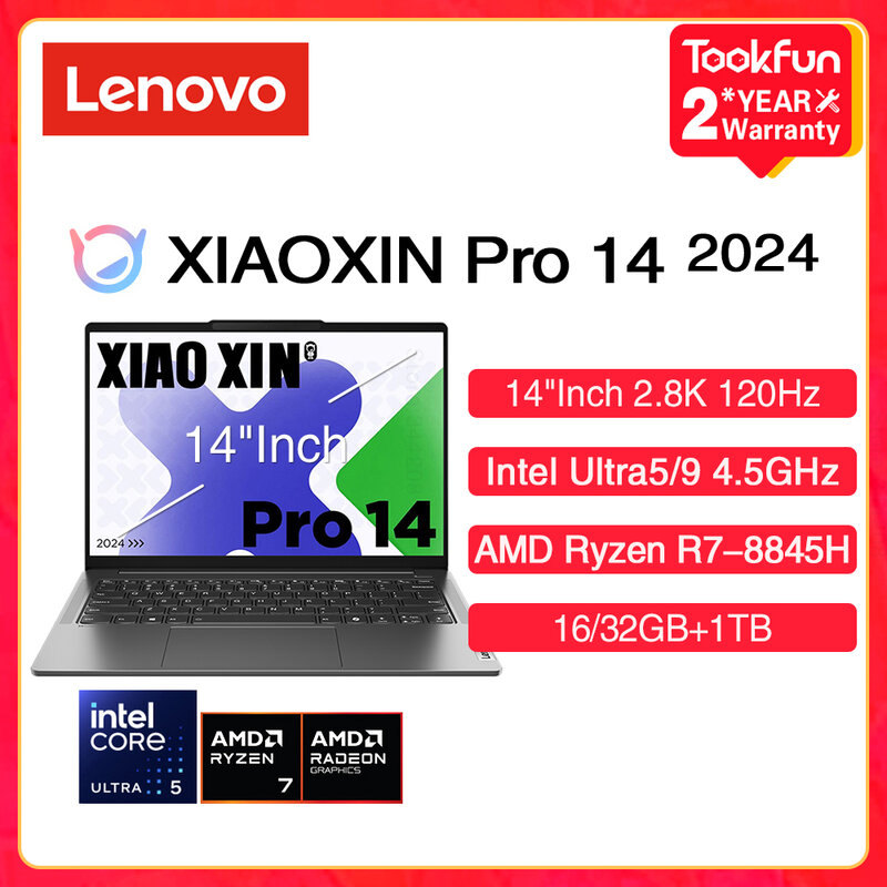Lenovo-XIAOXIN Pro 14 Laptop, Intel Ultra 5 9, 125H, 185H, AMD Ryzen R7-8845H RAM, 16 GB, 32GB SSD, 1TB, 14 pol, 2.8K, 120Hz, 14 em