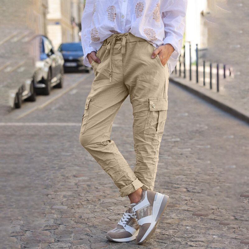 Pantalones de cintura elástica con múltiples bolsillos para mujer, Joggers sueltos informales con cordón, pantalones de chándal para mujer, nuevos