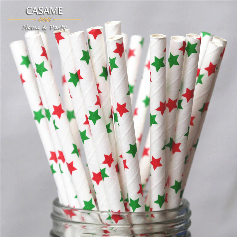 25/50/100pcs Merry Christmas Straws Mixed Red and Green Party Chevron Santa Birthday Party Decorations Anniversaire
