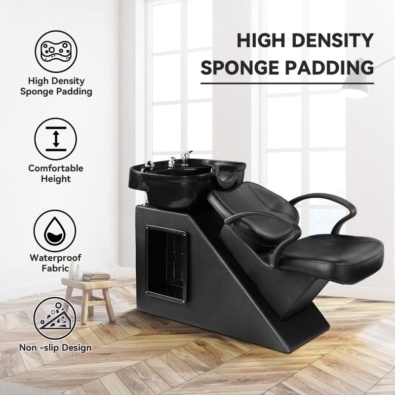 Sampo pemangkas rambut kursi cuci belakang, ABS sampo plastik mangkuk kursi wastafel untuk Spa Salon kecantikan (hitam)