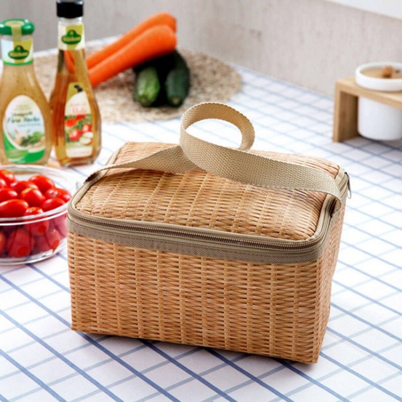 Imitação de rattan piquenique ao ar livre sacos de almoço portátil isolado térmica bento caixa alimentos refrigerador sacola bolsa recipiente de armazenamento