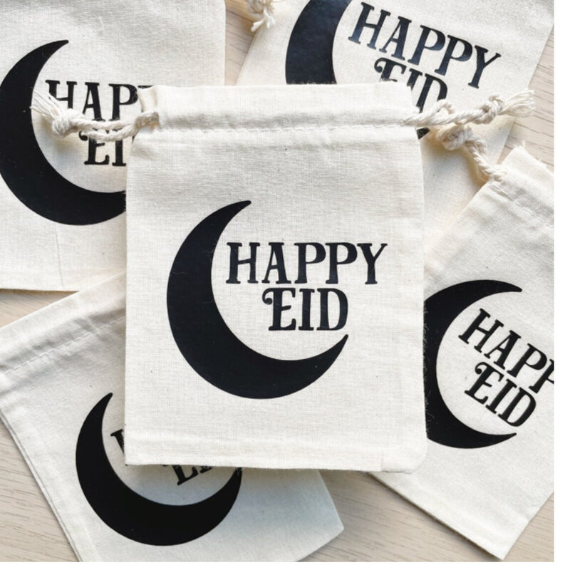 Personalizado eid sacos de presente feliz eid tecido malote eid mubarak cordão bolsa crianças dinheiro bolsa 10x14cm