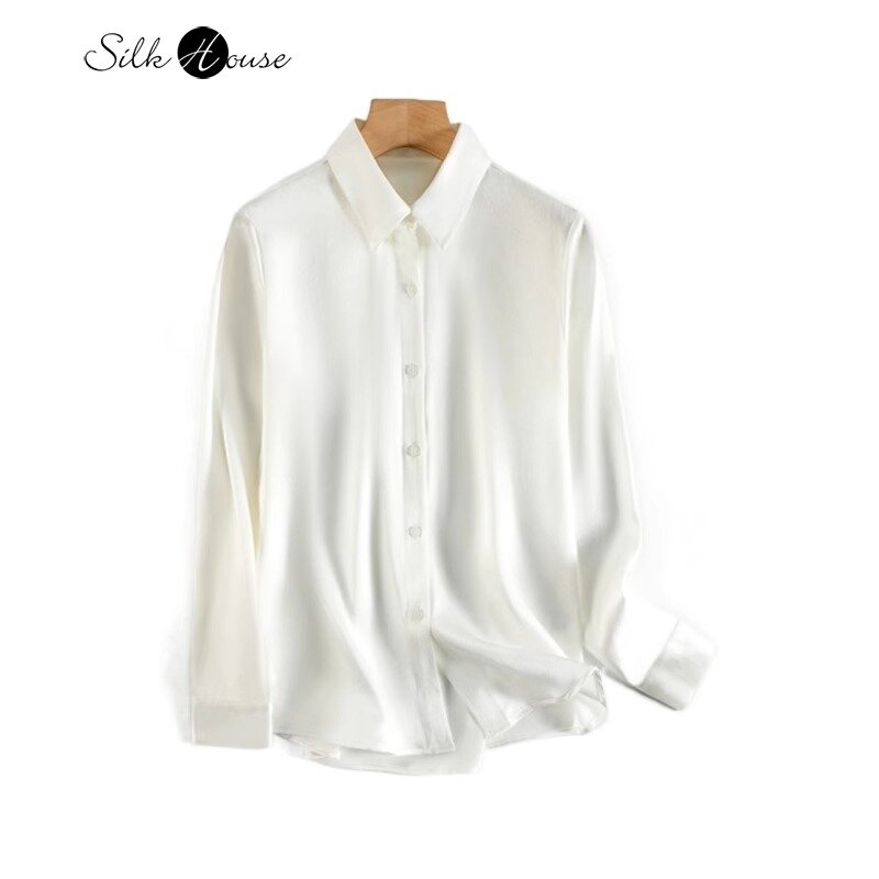 35MM Heavyweight 100% seta di gelso naturale Plain Satin Turn-down Collar OL Style camicia a maniche lunghe Casual Versatile bianca